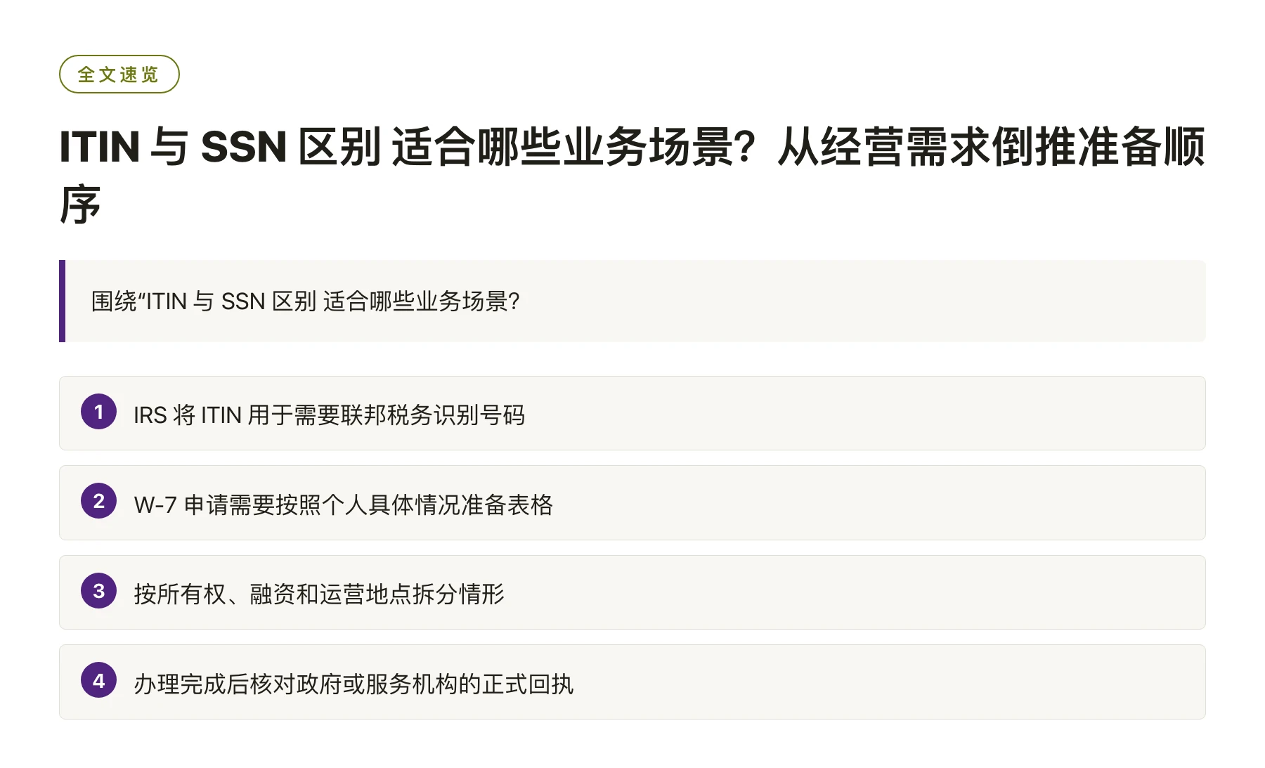 ITIN 与 SSN 区别 适合哪些业务场景？从经营需求倒推准备顺序——全文要点速览